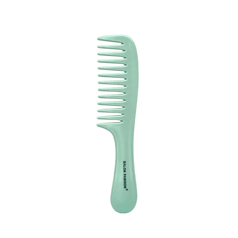 Pettine verde menta a denti larghi, ideale per capelli ricci o mossi, marchio "Salon Fashion", design ergonomico, accessorio per styling capelli.