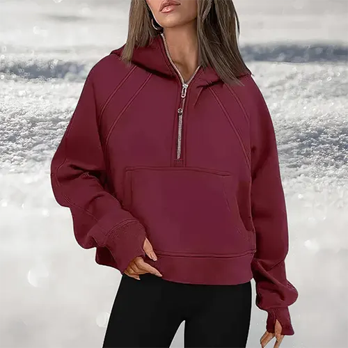 Felpa con cappuccio rossa da donna, zip frontale, tasca a marsupio, maniche lunghe, stile casual, perfetta per l'inverno.