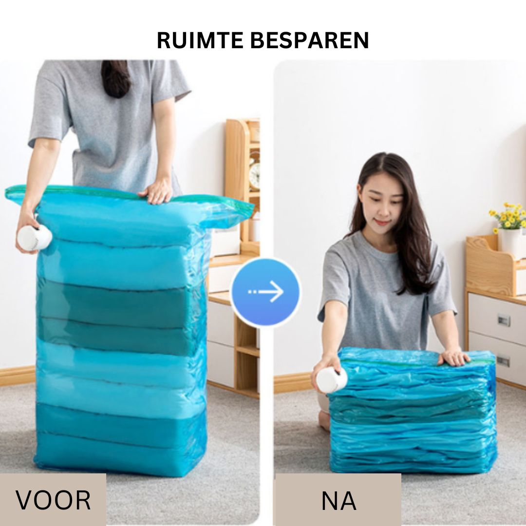 Sacchetti sottovuoto per risparmio spazio, prima e dopo l'uso. Donna comprime vestiti in sacchetto blu. Organizzazione casa, ottimizzazione spazio.