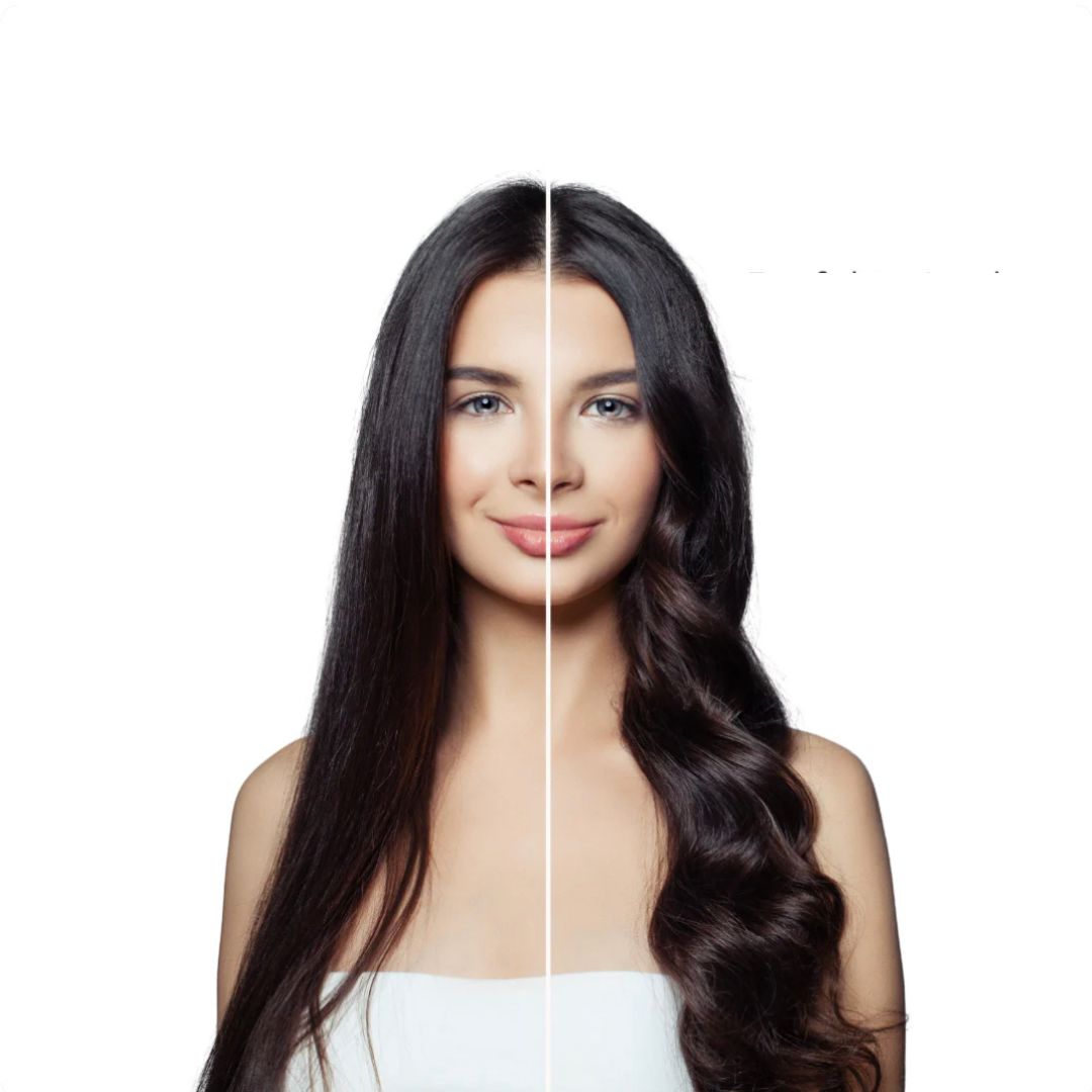 Donna con capelli lunghi, metà lisci e metà ricci, su sfondo bianco. Immagine confronto acconciature, bellezza, cura dei capelli.