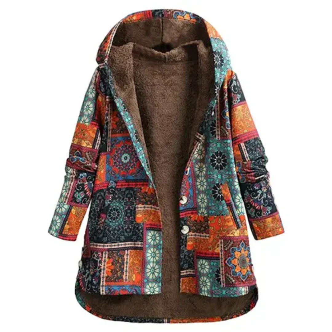 Cappotto donna invernale con cappuccio, fantasia etnica multicolore, interno in pelliccia sintetica, caldo e alla moda, ideale per l'autunno e l'inverno.