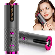 Arricciacapelli automatico senza fili, design portatile, colore grigio e rosa, ideale per styling capelli, tecnologia anti-groviglio, display digitale.