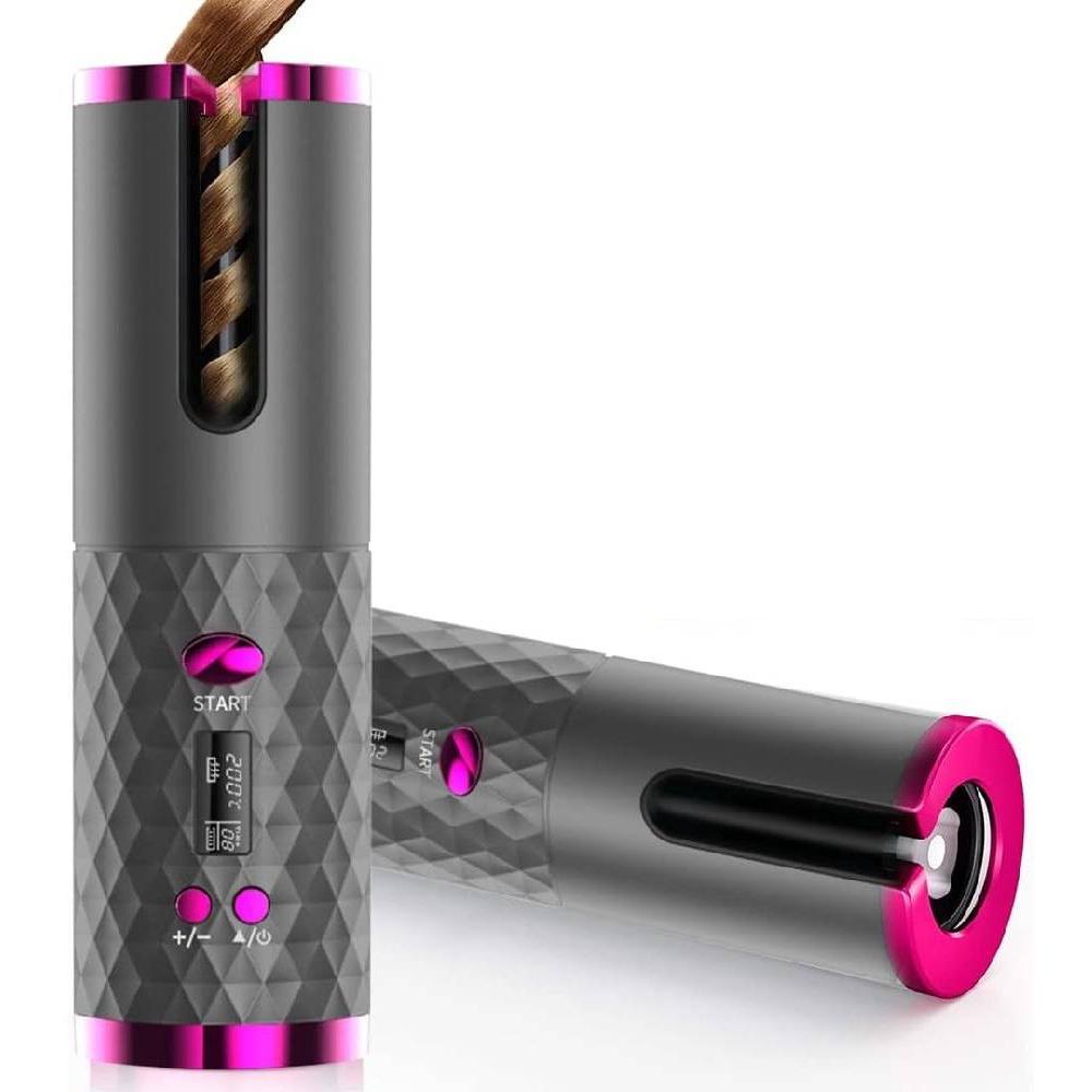 Arricciacapelli automatico senza fili, design portatile grigio e rosa, display digitale, ricaricabile USB, ideale per styling capelli veloce e facile.