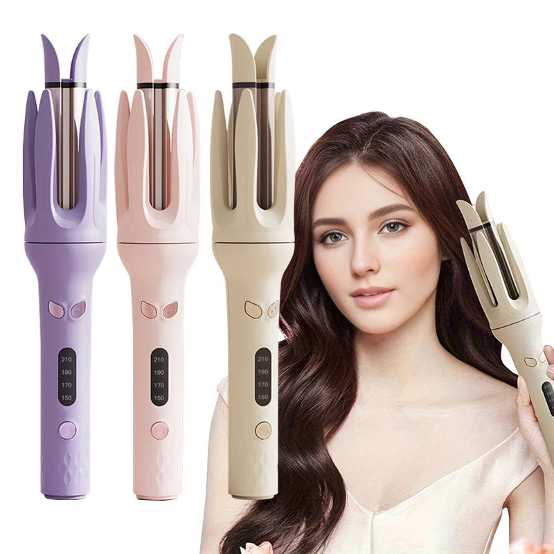 Arricciacapelli automatico in tre colori (viola, rosa, beige) con display digitale, accanto a modella con capelli ondulati. Styling capelli facile e veloce.