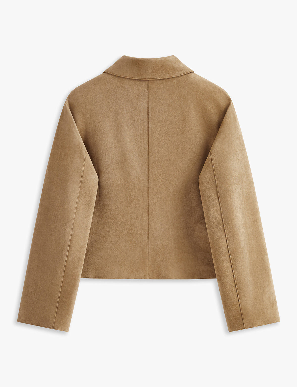 Giacca donna in pelle scamosciata beige, design minimalista, maniche lunghe, taglio dritto, ideale per moda autunnale e invernale.