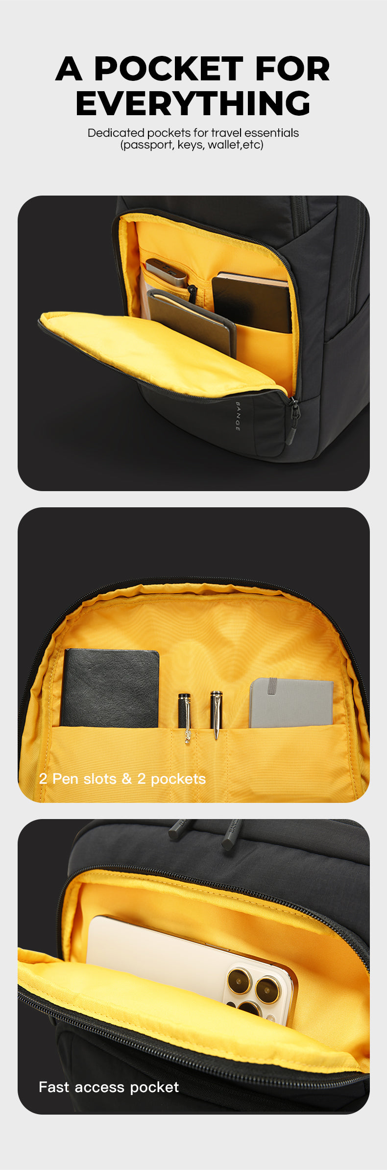 BANGE Nuovo zaino da viaggio impermeabile morbido e leggero per studenti, casual, da uomo, per laptop 5