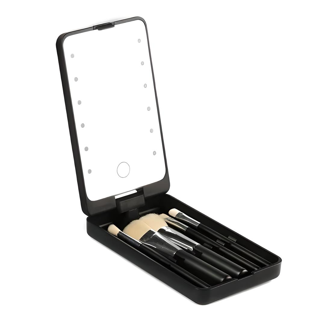 Set di pennelli trucco con specchio LED portatile, custodia nera elegante, ideale per viaggi e ritocchi, accessori bellezza essenziali.
