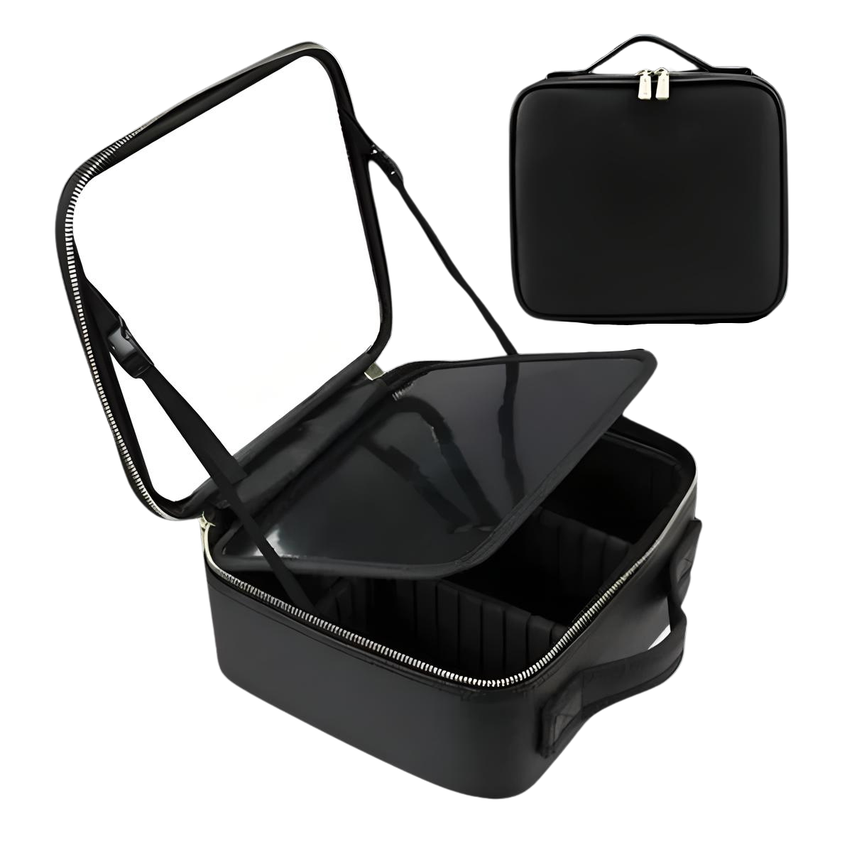 Borsa cosmetica nera in pelle PU con cerniera, scomparti regolabili e manico superiore. Ideale per trucco e accessori da viaggio.
