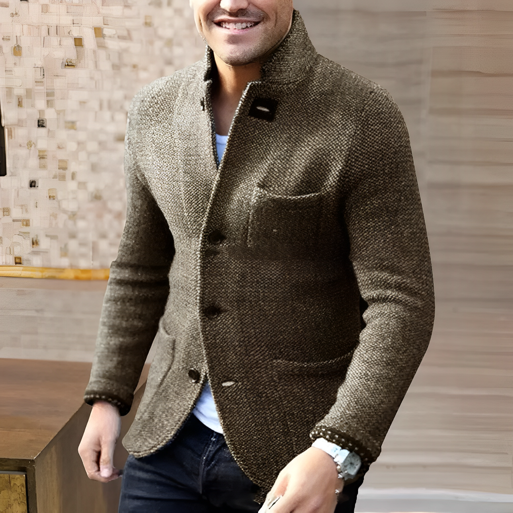 Giacca uomo in lana marrone, stile casual elegante, con bottoni e tasche frontali. Ideale per moda autunno-inverno.