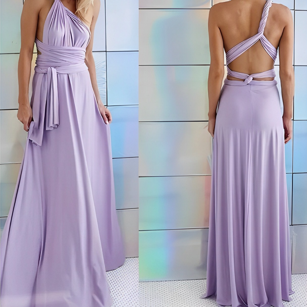 Abito lungo elegante in chiffon lilla, design monospalla, schiena scoperta, cintura in vita, perfetto per cerimonie e serate speciali.