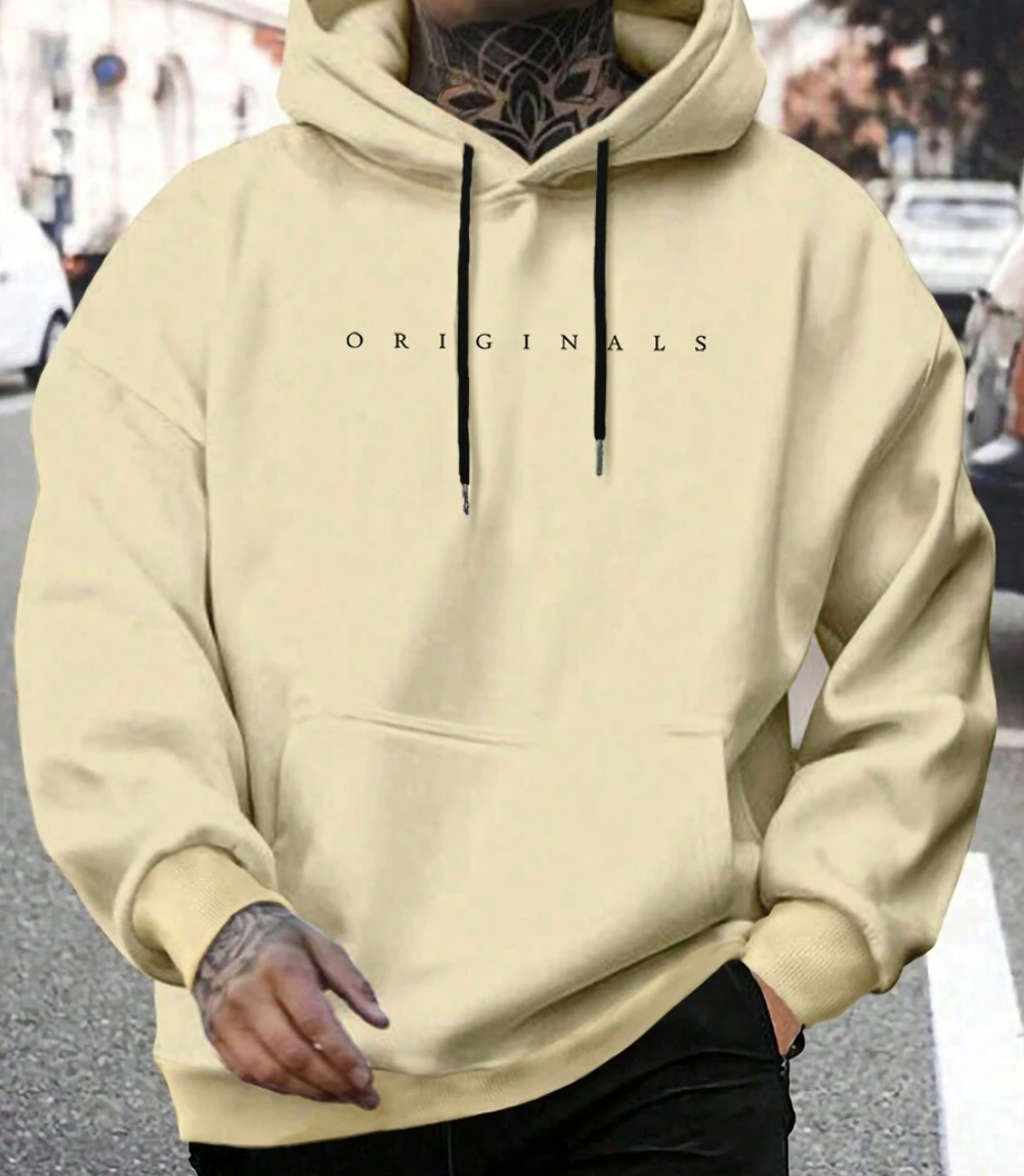 Felpa con cappuccio beige "ORIGINALS", uomo, maniche lunghe, tasca frontale, cordini neri, moda casual, streetwear autunnale.