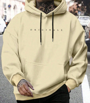 Felpa con cappuccio beige "ORIGINALS", uomo, maniche lunghe, tasca frontale, cordini neri, moda casual, streetwear autunnale.