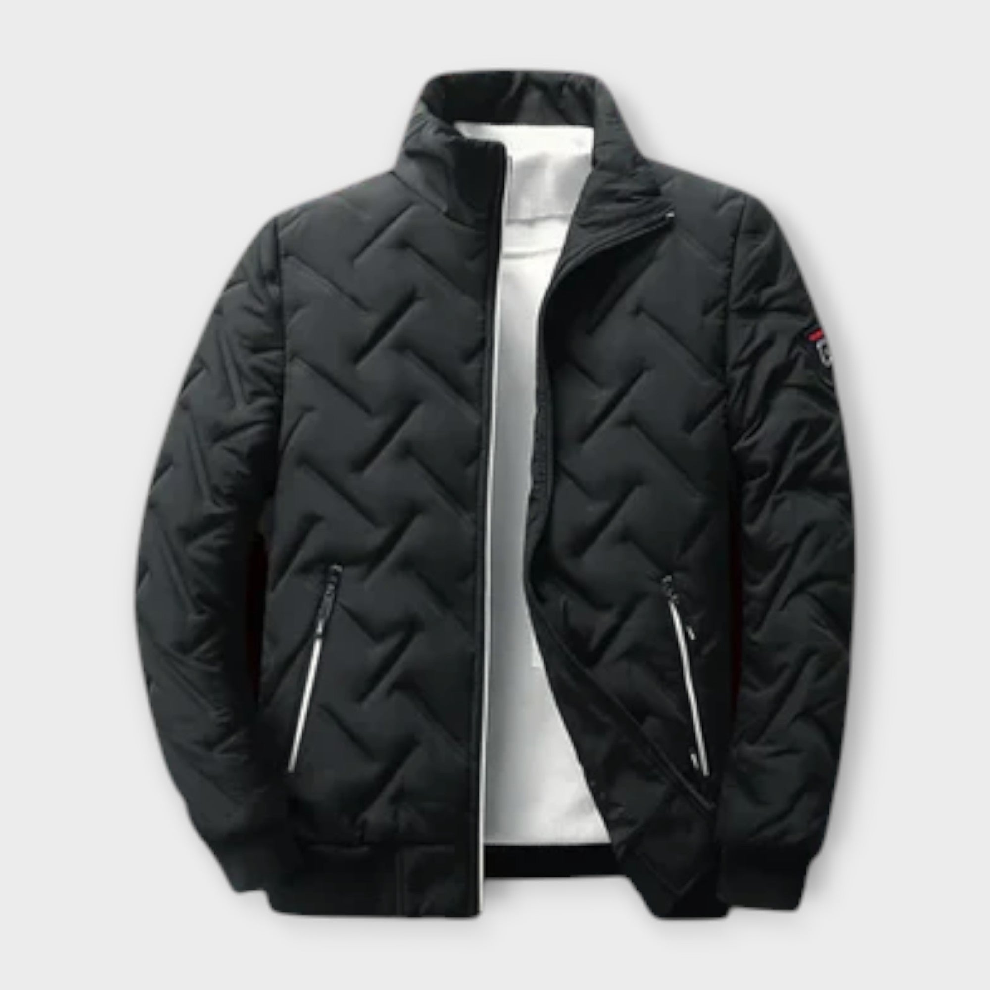 Giacca trapuntata nera da uomo con zip, colletto alto e tasche laterali. Design moderno, ideale per l'inverno. Moda maschile, abbigliamento casual.