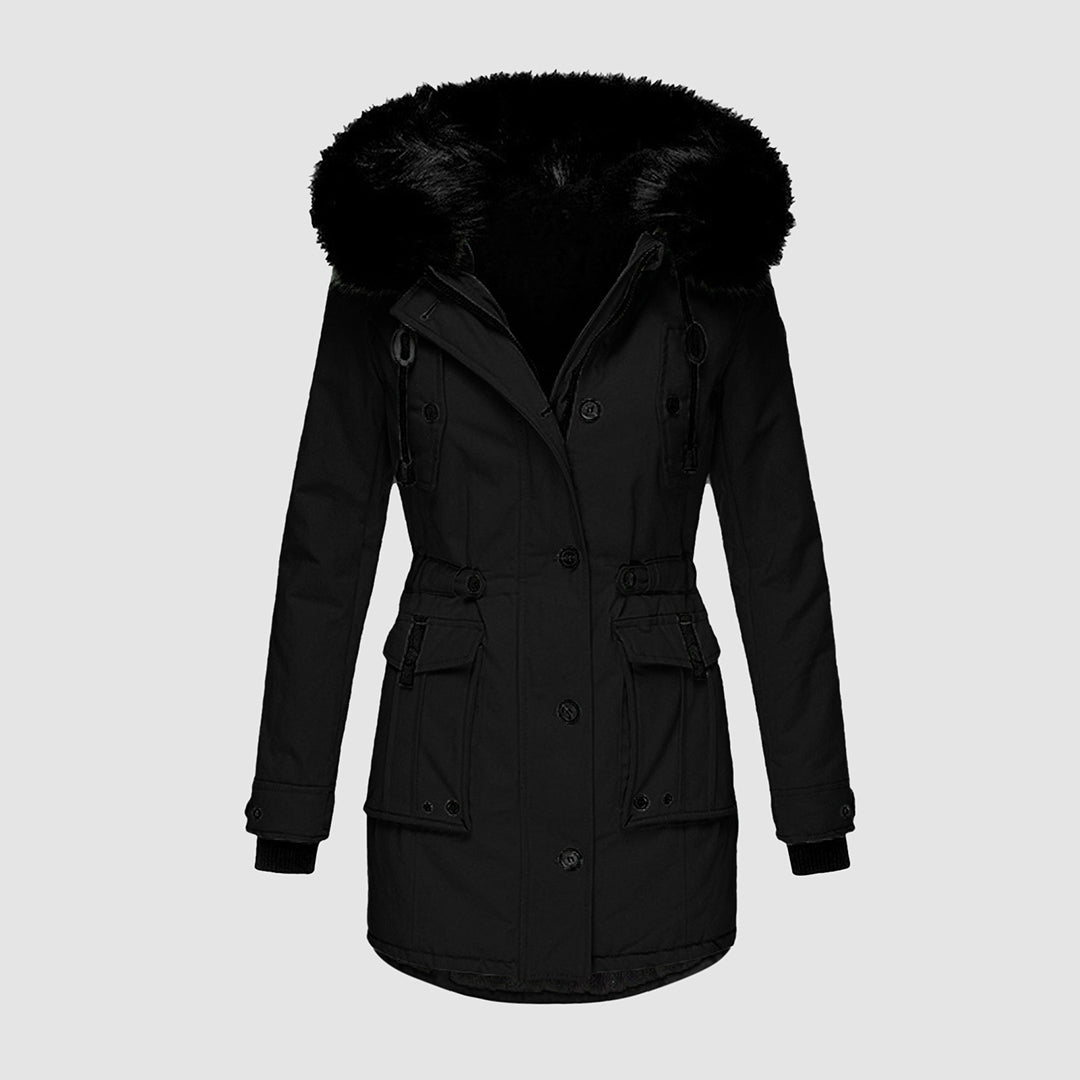 Giacca invernale nera da donna con cappuccio in pelliccia sintetica, design elegante, chiusura a bottoni, ideale per climi freddi.