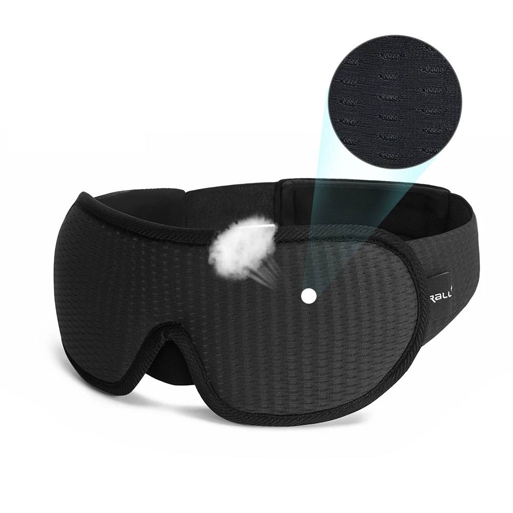 Maschera per dormire nera in memory foam, design ergonomico, blocco totale della luce, tessuto traspirante, ideale per viaggi e relax.