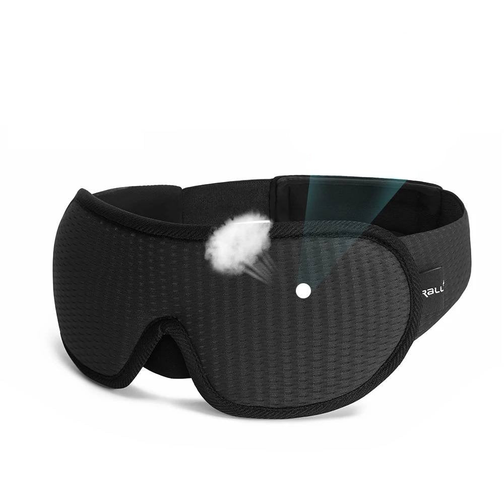 Maschera per dormire nera con design ergonomico, imbottitura morbida e cinghia regolabile, ideale per bloccare la luce e migliorare il sonno.