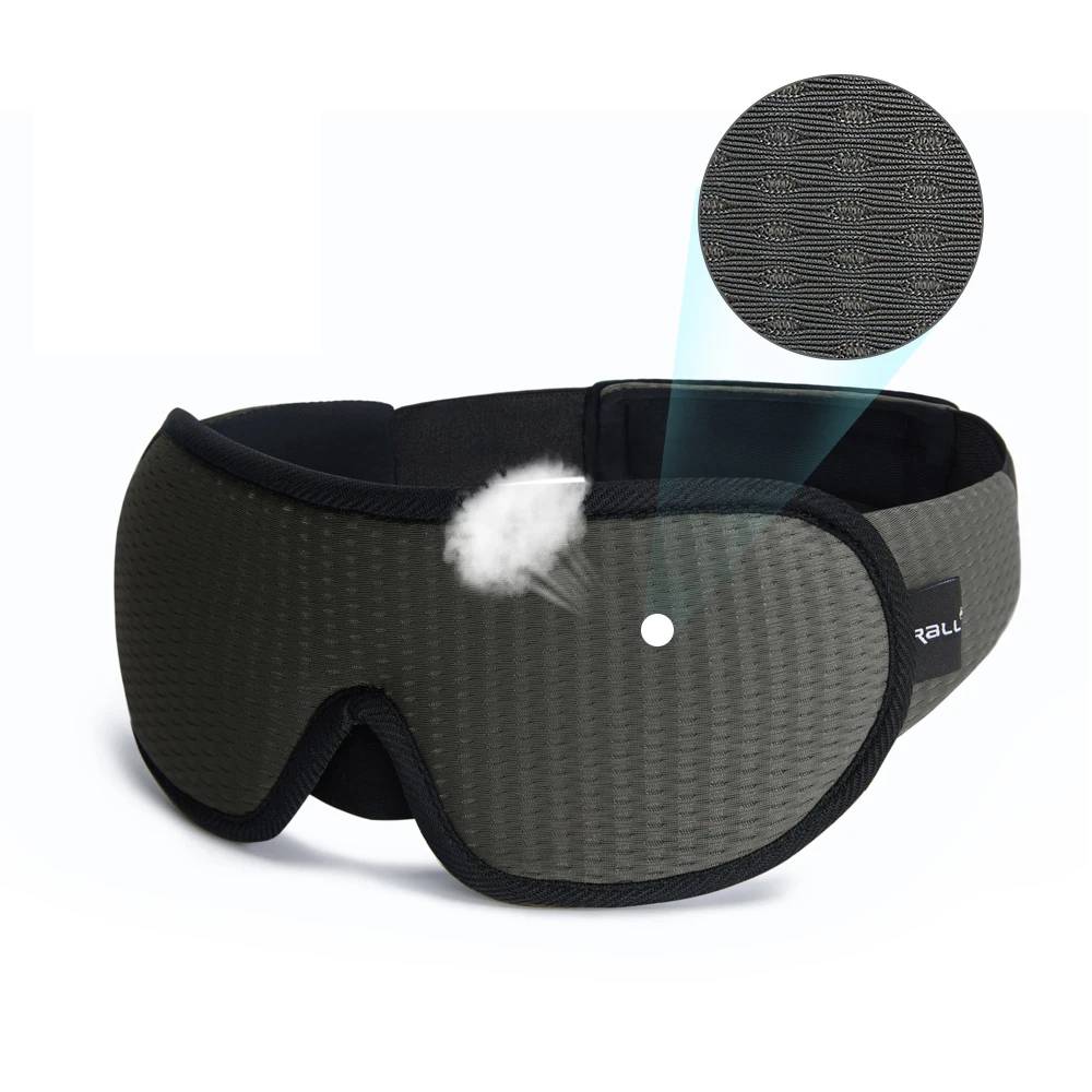 Maschera per dormire grigia in memory foam, design ergonomico, blocco totale della luce, ideale per viaggi e relax. Accessorio per il sonno confortevole.