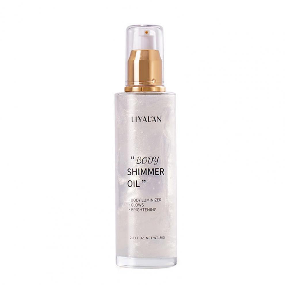 Bottiglia di olio corpo illuminante Liyalan, 80g, con erogatore a pompa dorato. Olio shimmer per pelle luminosa e brillante.