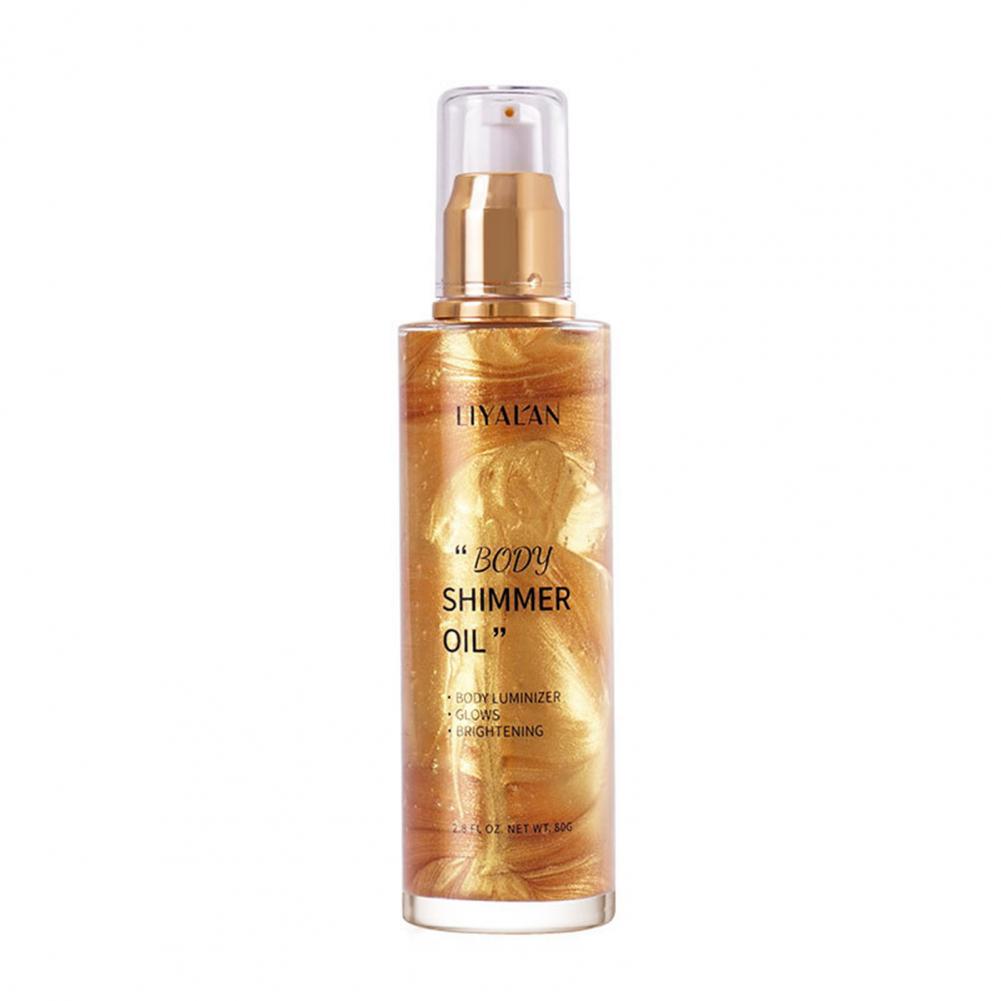Bottiglia di olio illuminante corpo Liyalan, 80ml, con erogatore a pompa. Formula scintillante per pelle luminosa e radiosa.