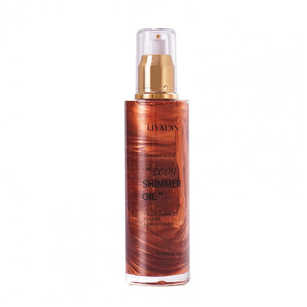 Bottiglia di olio corpo scintillante Liyalan, 100ml, con erogatore dorato. Olio illuminante per pelle luminosa e brillante.