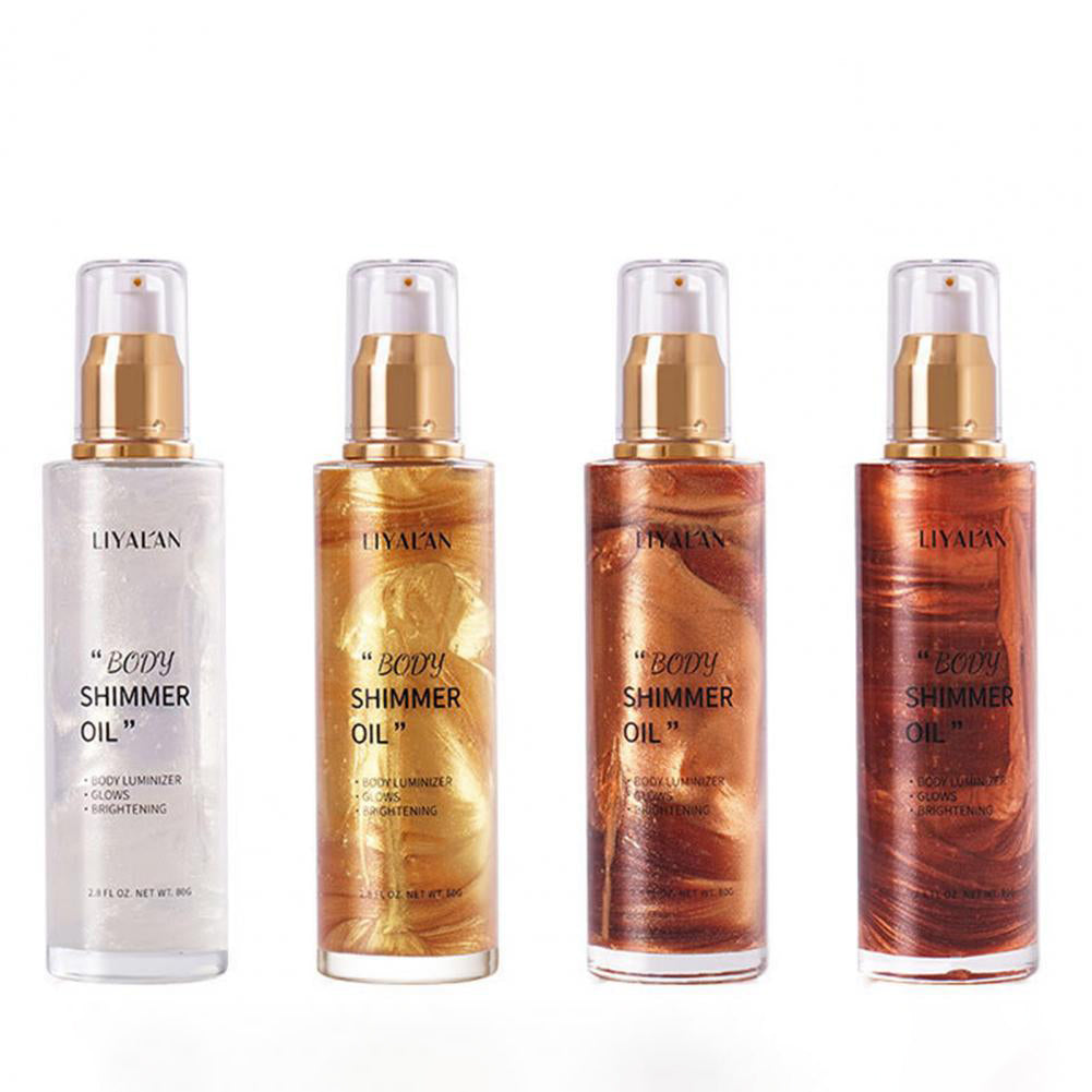 Quattro flaconi di olio illuminante corpo Liyalan, colori vari, con erogatore spray. Ideale per pelle luminosa e idratata.