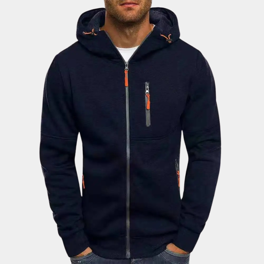 Felpa con cappuccio uomo, colore blu scuro, zip frontale, tasche con cerniera arancione, stile casual, ideale per autunno e inverno.