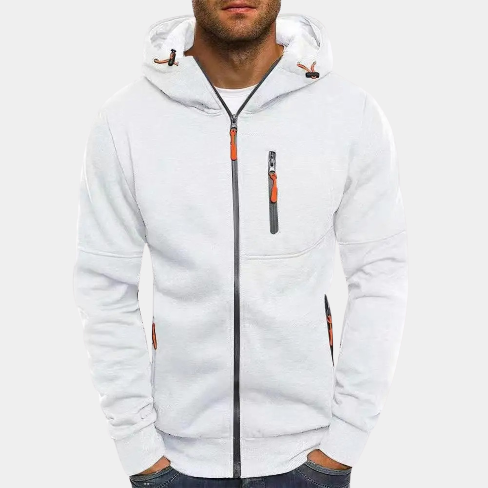 Felpa con cappuccio bianca da uomo, zip frontale nera, dettagli arancioni, tasche laterali, stile casual, moda autunno-inverno.