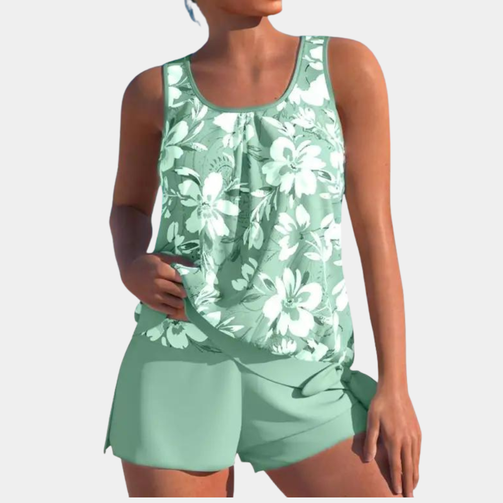 Top e pantaloncini estivi da donna, verde menta con stampa floreale bianca, senza maniche, casual, moda mare, abbigliamento leggero e comodo.