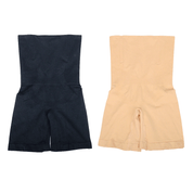 Due pantaloncini modellanti a vita alta, uno nero e uno beige, per snellire la figura. Intimo contenitivo donna, ideale per abbigliamento aderente.