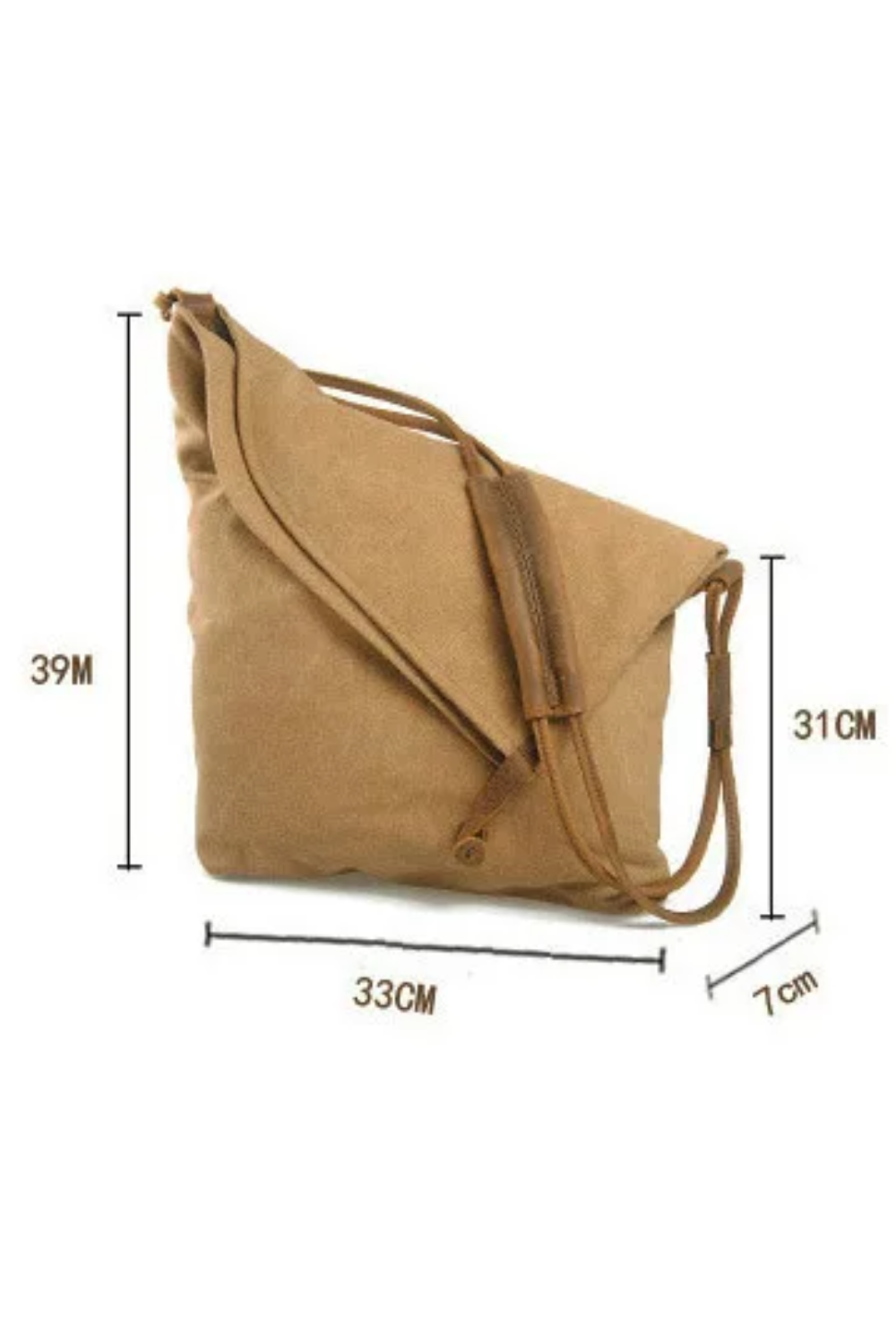Borsa a tracolla in tela marrone, dimensioni 39x33x7 cm, design triangolare, chiusura con cerniera, ideale per uso quotidiano e viaggi.