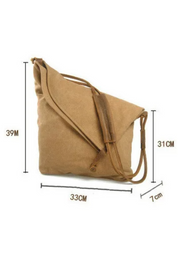 Borsa a tracolla in tela marrone, dimensioni 39x33x7 cm, design triangolare, chiusura con cerniera, ideale per uso quotidiano e viaggi.