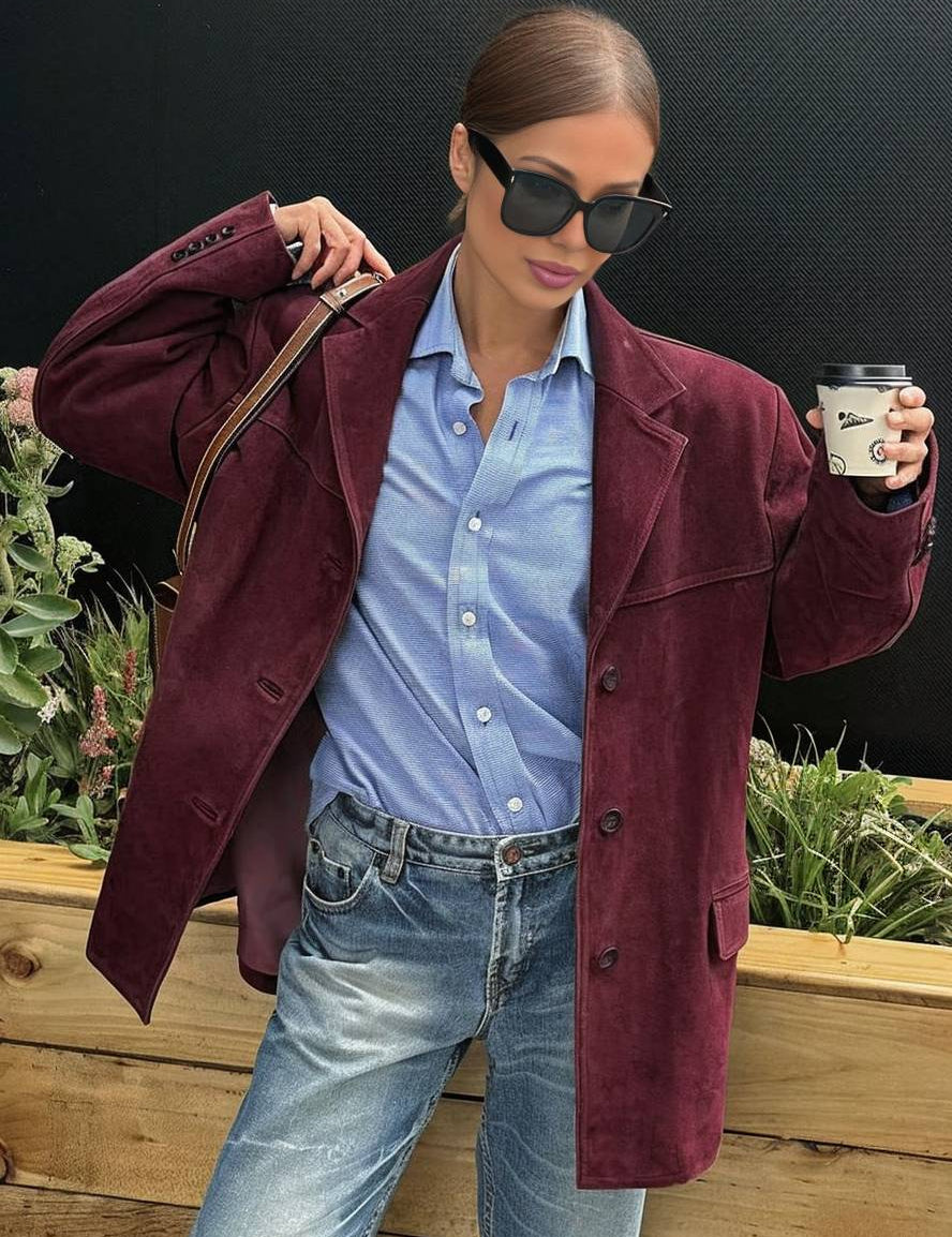 Donna con occhiali da sole indossa giacca bordeaux su camicia azzurra e jeans, tiene caffè in mano. Moda autunnale casual chic.