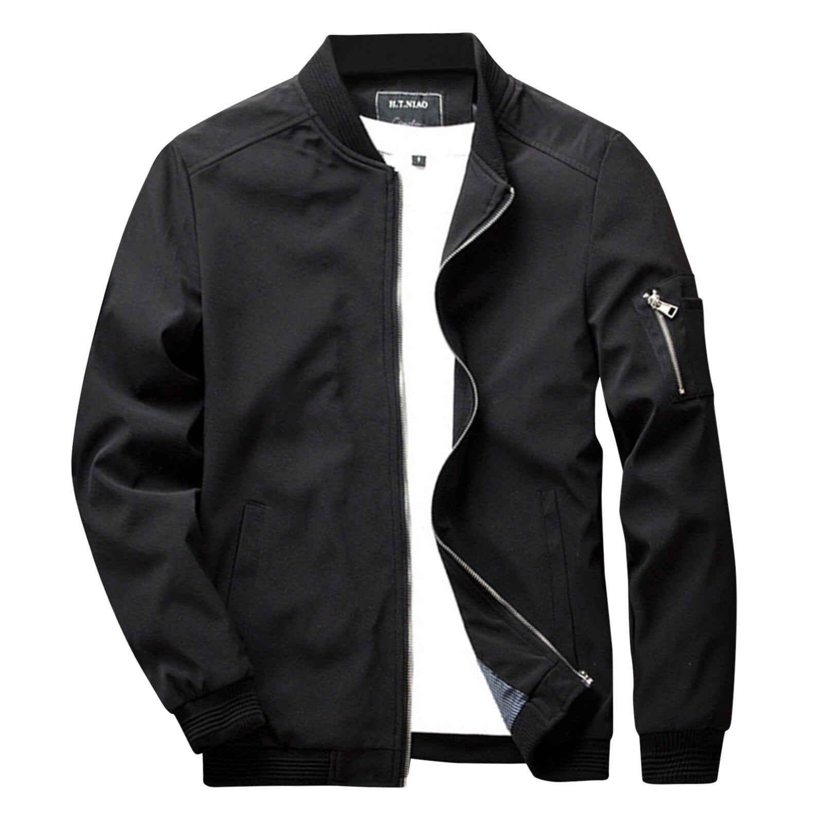 Giacca bomber nera da uomo, stile casual, con zip frontale e tasca sulla manica. Ideale per moda autunnale e invernale.