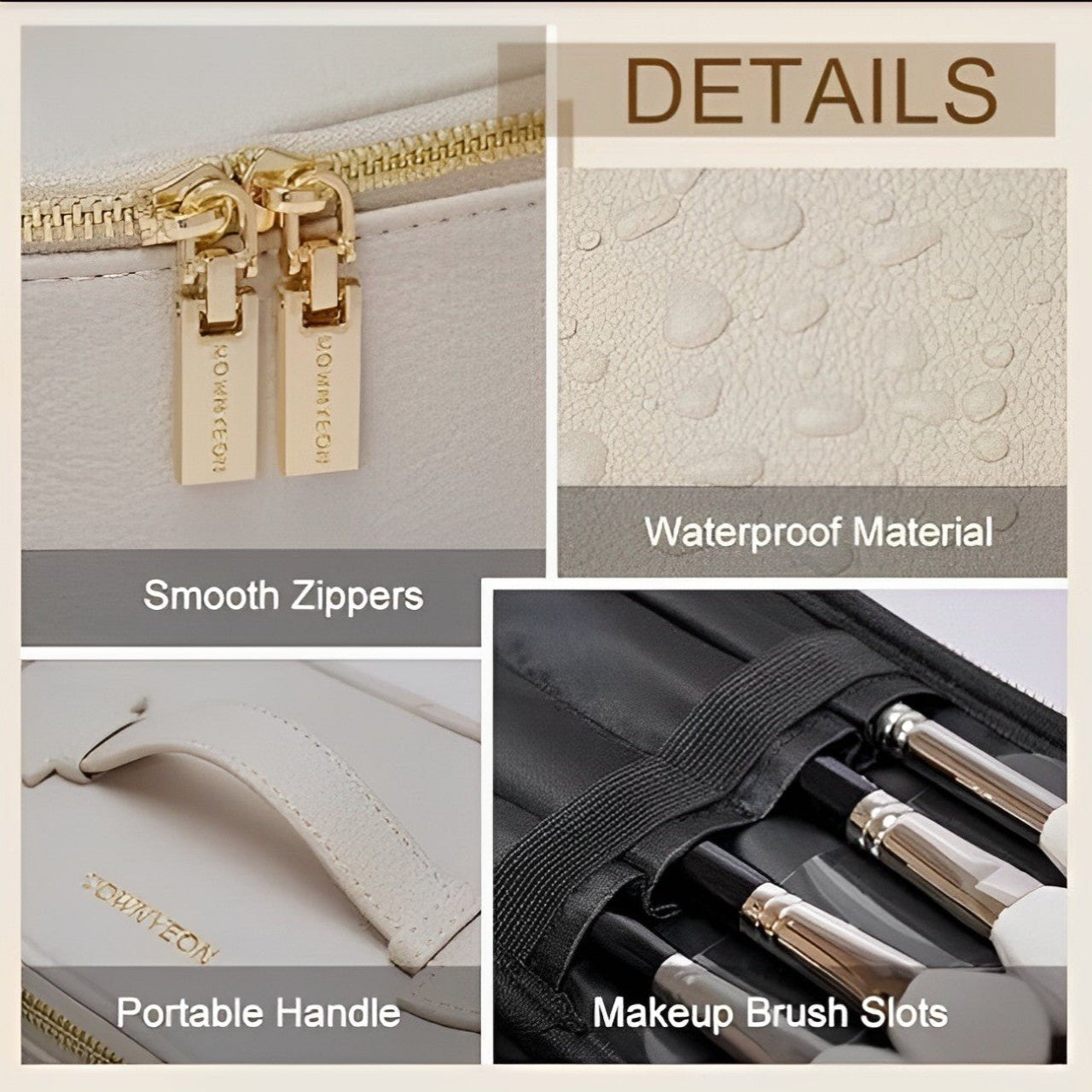 Borsa trucco impermeabile con cerniere lisce, manico portatile e scomparti per pennelli. Materiale resistente all'acqua. Perfetta per viaggi.