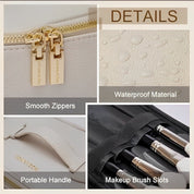 Borsa trucco impermeabile con cerniere lisce, manico portatile e scomparti per pennelli. Materiale resistente all'acqua. Perfetta per viaggi.