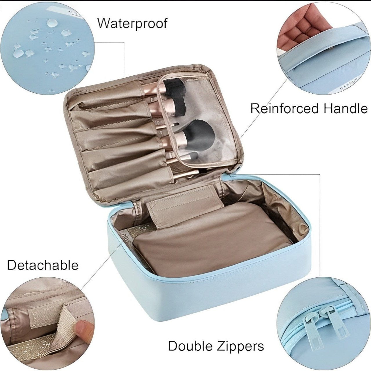 Astuccio cosmetico impermeabile azzurro con manico rinforzato, cerniere doppie e scomparti staccabili, ideale per organizzare trucchi e accessori.