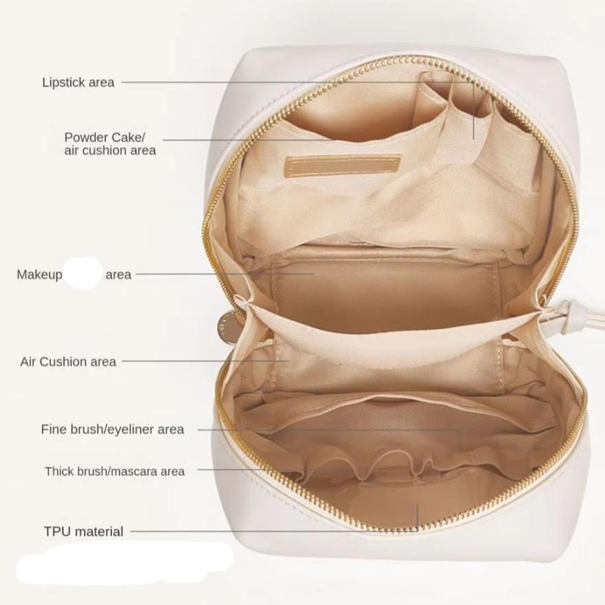 Borsa trucco in TPU beige con scomparti etichettati per rossetto, cipria, pennelli e mascara. Ideale per organizzare cosmetici da viaggio.