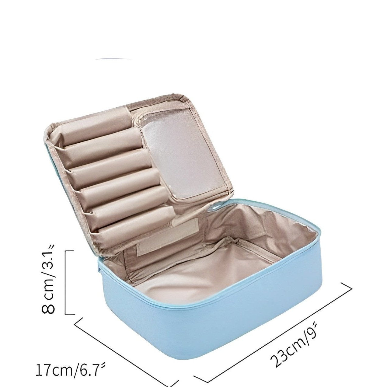 Astuccio portagioie da viaggio azzurro, dimensioni 23x17x8 cm, con scomparti per anelli e specchio. Organizzatore gioielli compatto ed elegante.