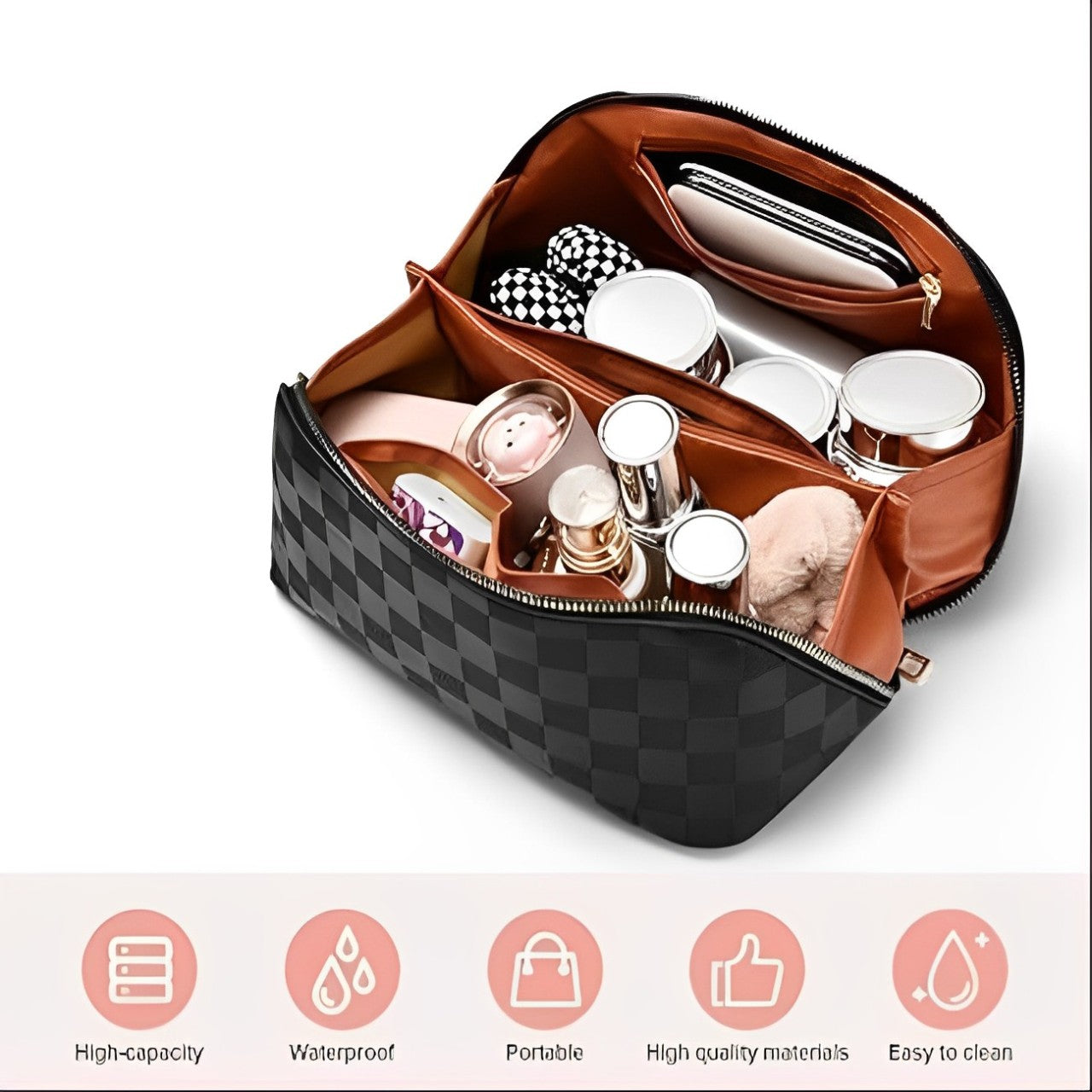 Borsa da toilette impermeabile a scacchi nera, alta capacità, con scomparti multipli per cosmetici e accessori, portatile e facile da pulire.