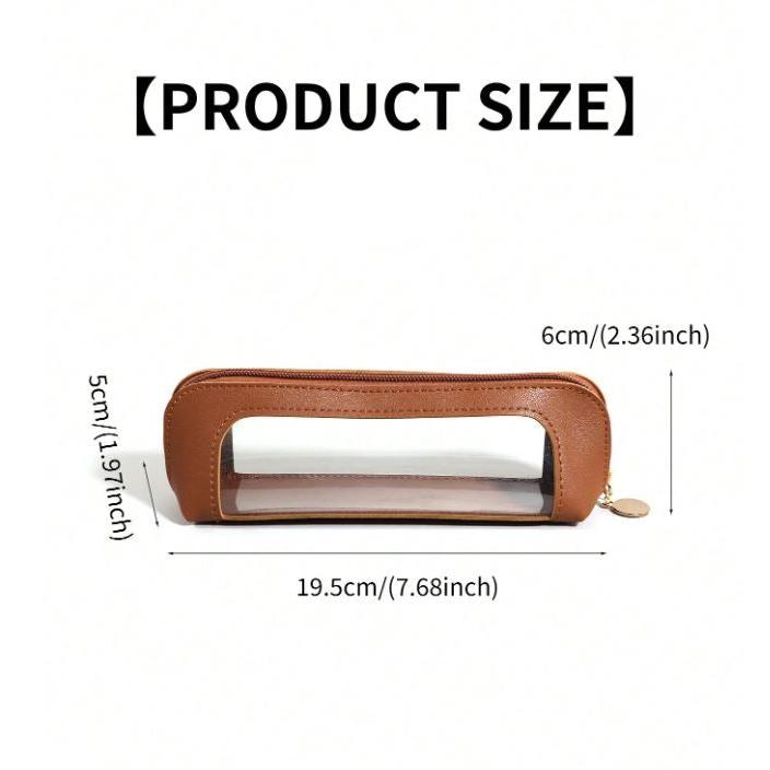 Astuccio trasparente in pelle marrone, dimensioni 19,5x6x5 cm, ideale per cancelleria. Design elegante e pratico, perfetto per scuola e ufficio.