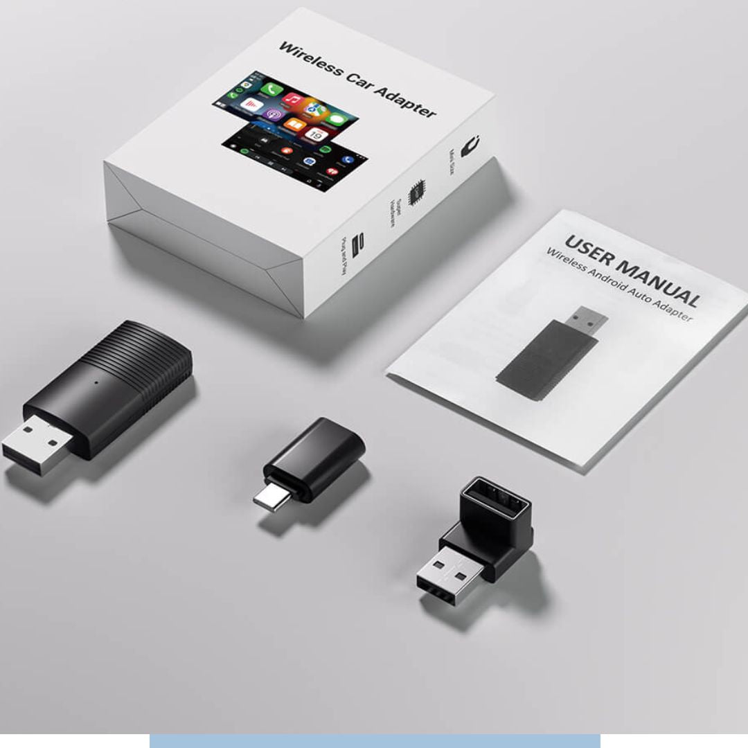 Adattatore auto wireless con confezione, manuale utente e connettori USB. Accessorio per auto, tecnologia wireless, compatibilità universale.