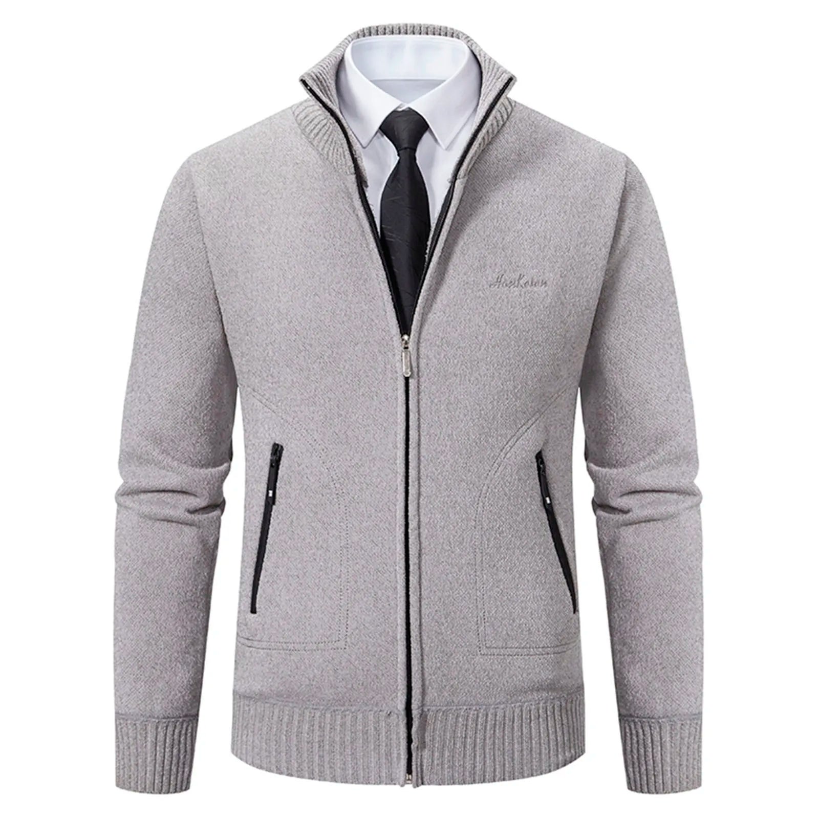 Cardigan lavorato a maglia da uomo - Misto lana - Collo alto con cerniera - Vestibilità su misura - Polsini a coste 0