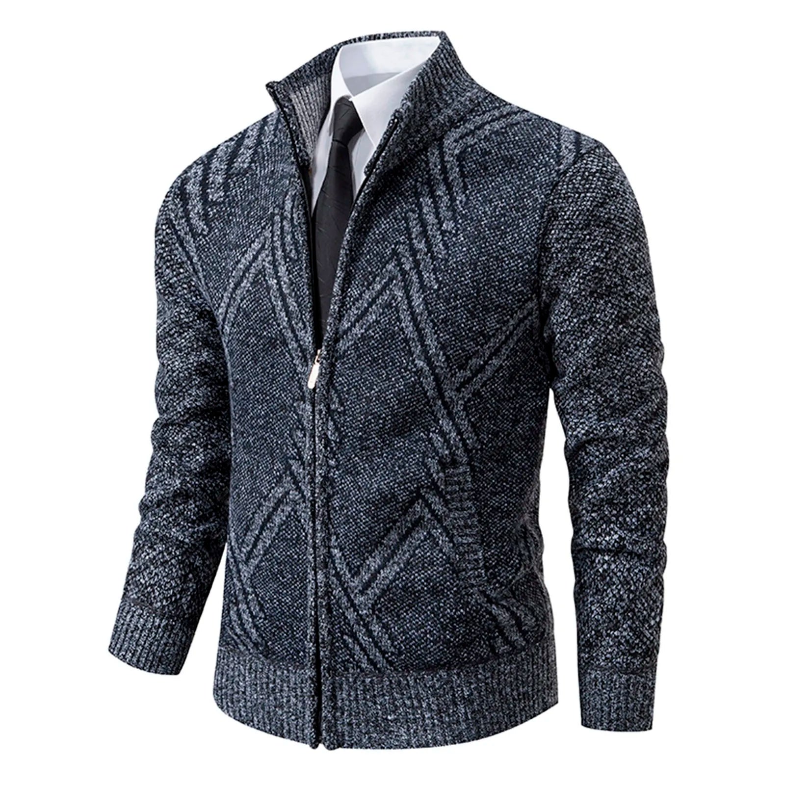 Cardigan lavorato a maglia da uomo - Misto lana - Collo alto con cerniera - Vestibilità su misura - Polsini a coste 10