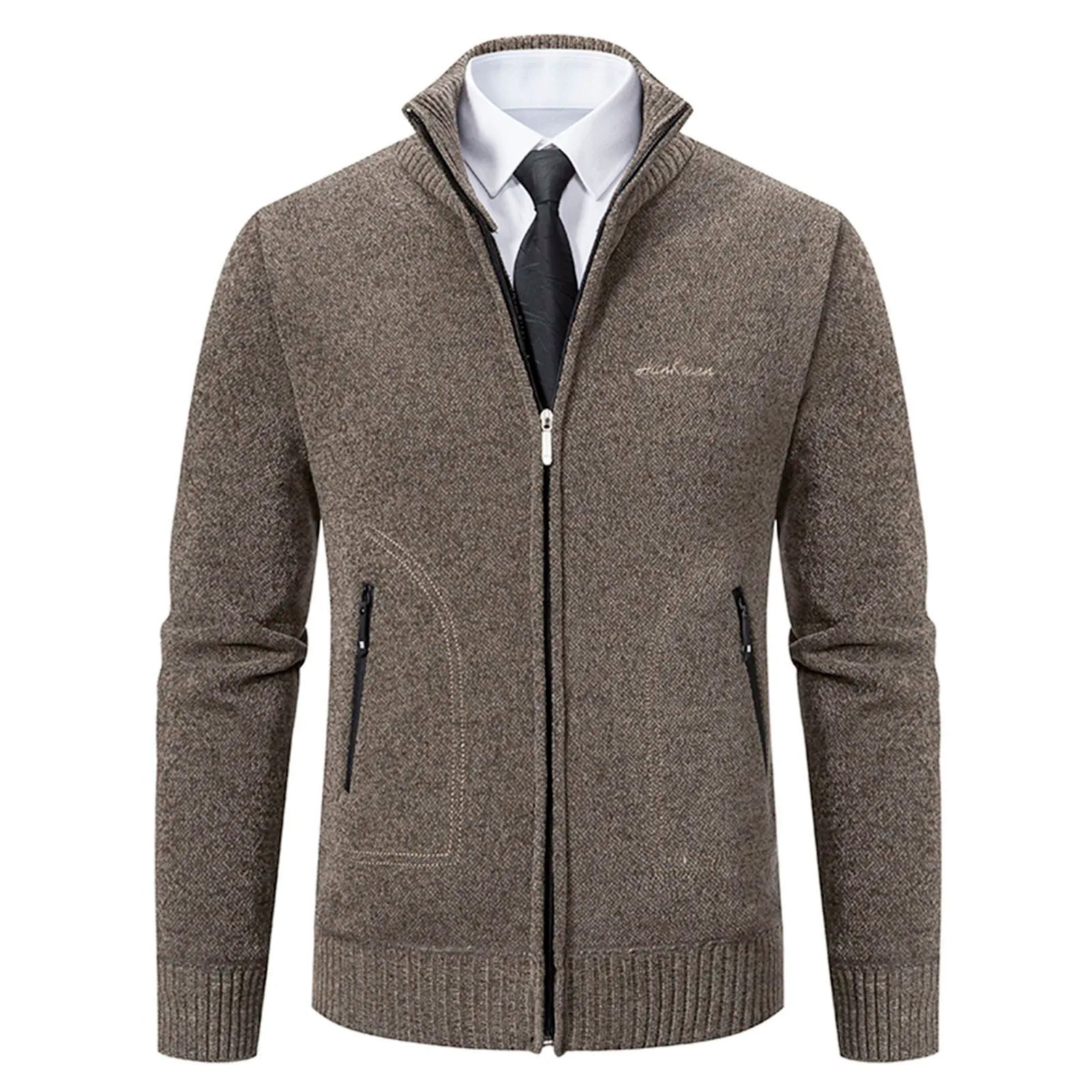 Cardigan lavorato a maglia da uomo - Misto lana - Collo alto con cerniera - Vestibilità su misura - Polsini a coste 12