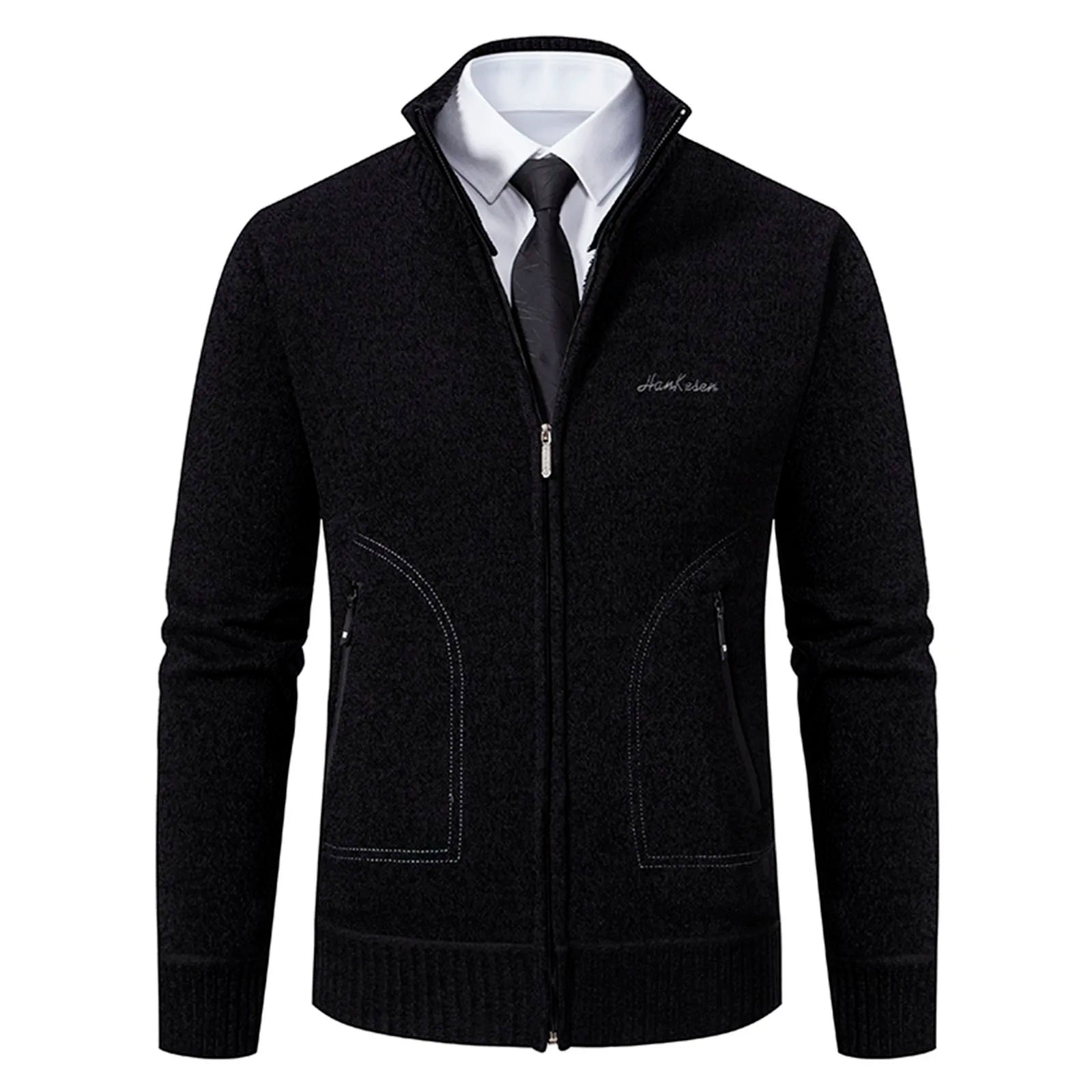 Cardigan lavorato a maglia da uomo - Misto lana - Collo alto con cerniera - Vestibilità su misura - Polsini a coste 6