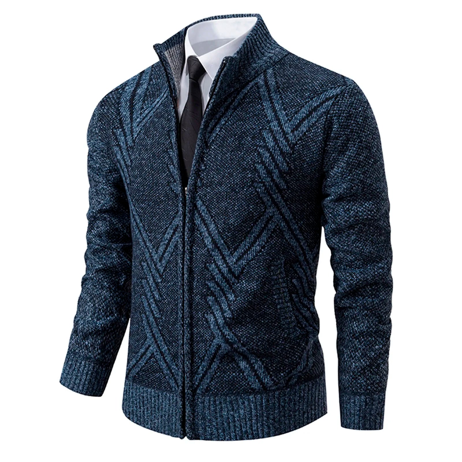 Cardigan lavorato a maglia da uomo - Misto lana - Collo alto con cerniera - Vestibilità su misura - Polsini a coste 7