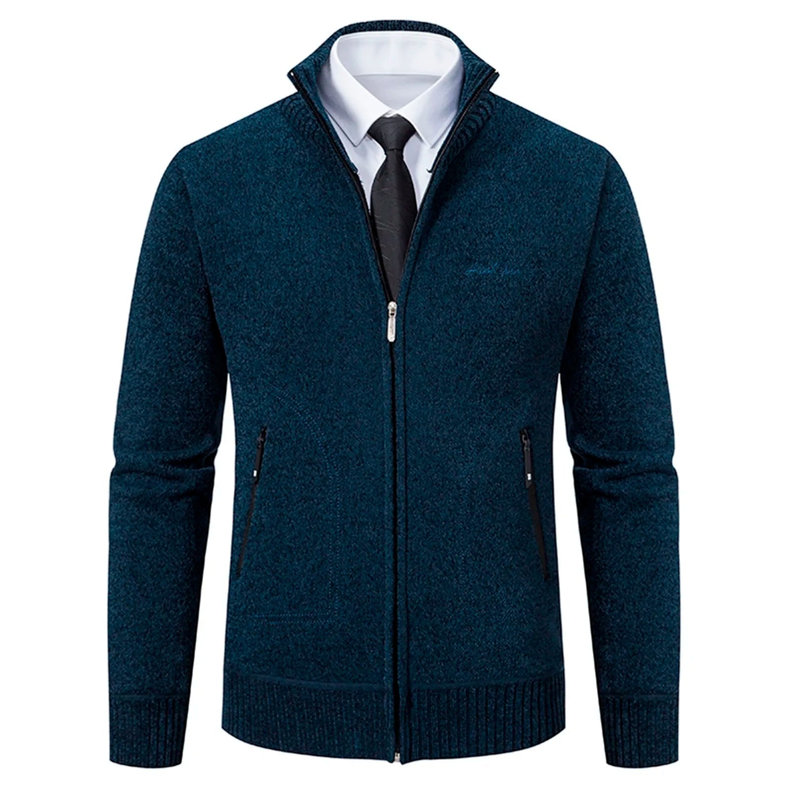 Cardigan lavorato a maglia da uomo - Misto lana - Collo alto con cerniera - Vestibilità su misura - Polsini a coste 8