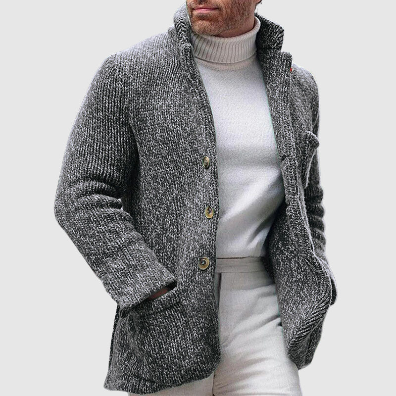 Cardigan lavorato a maglia da uomo - Trama spessa - Collo alto - Abbottonatura frontale 2
