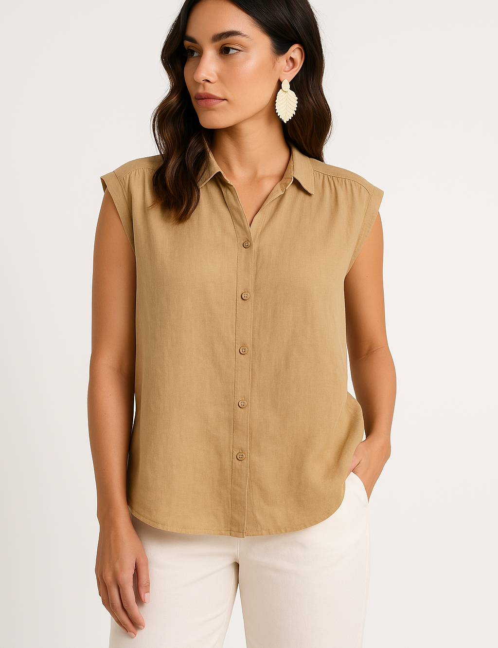 Donna con camicia beige senza maniche, bottoni frontali, abbinata a pantaloni bianchi. Stile casual elegante, moda femminile estiva.