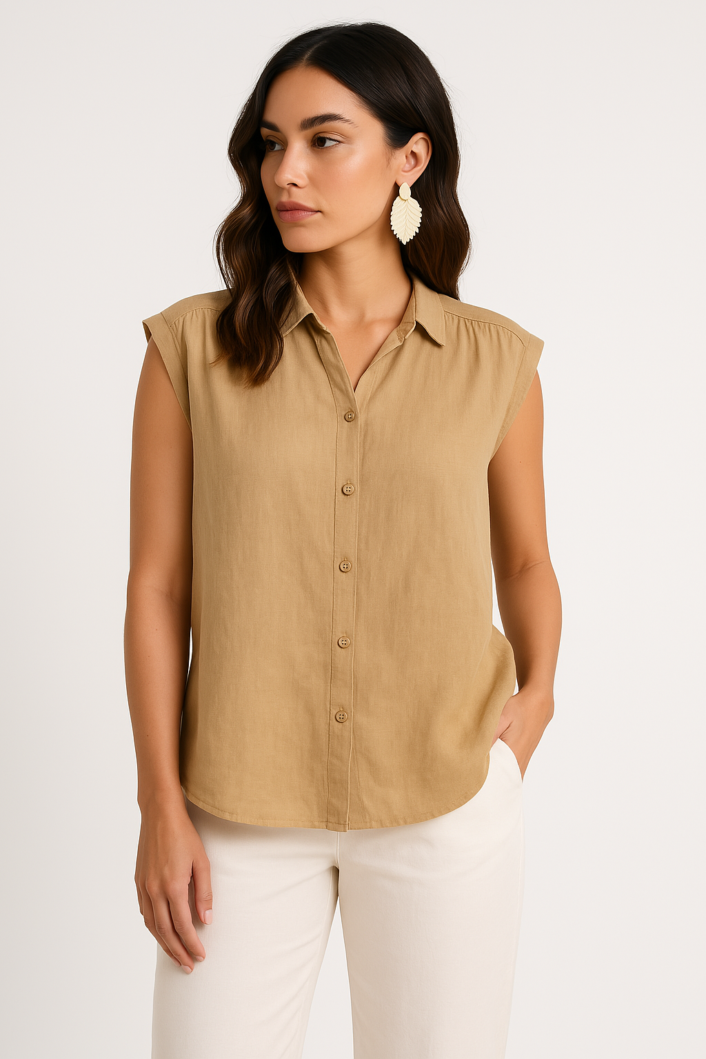 Donna con camicia senza maniche beige, bottoni frontali, abbinata a pantaloni bianchi. Look casual ed elegante, perfetto per l'estate.